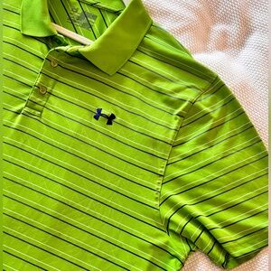 UNDER ARMOUR Golf Men's Lime Green Striped Polo Shirt w Collar